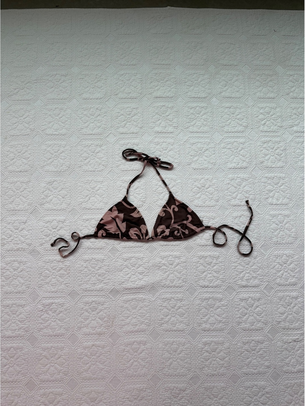 Y2k Old Navy Brown and Pink Floral Triangle Bikini Top, Size Medium